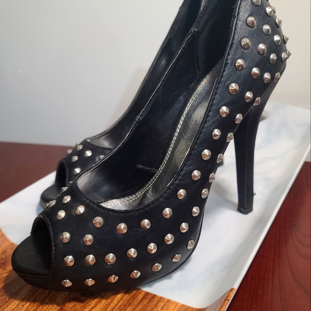 Studded Black Peep-Toe High Heels